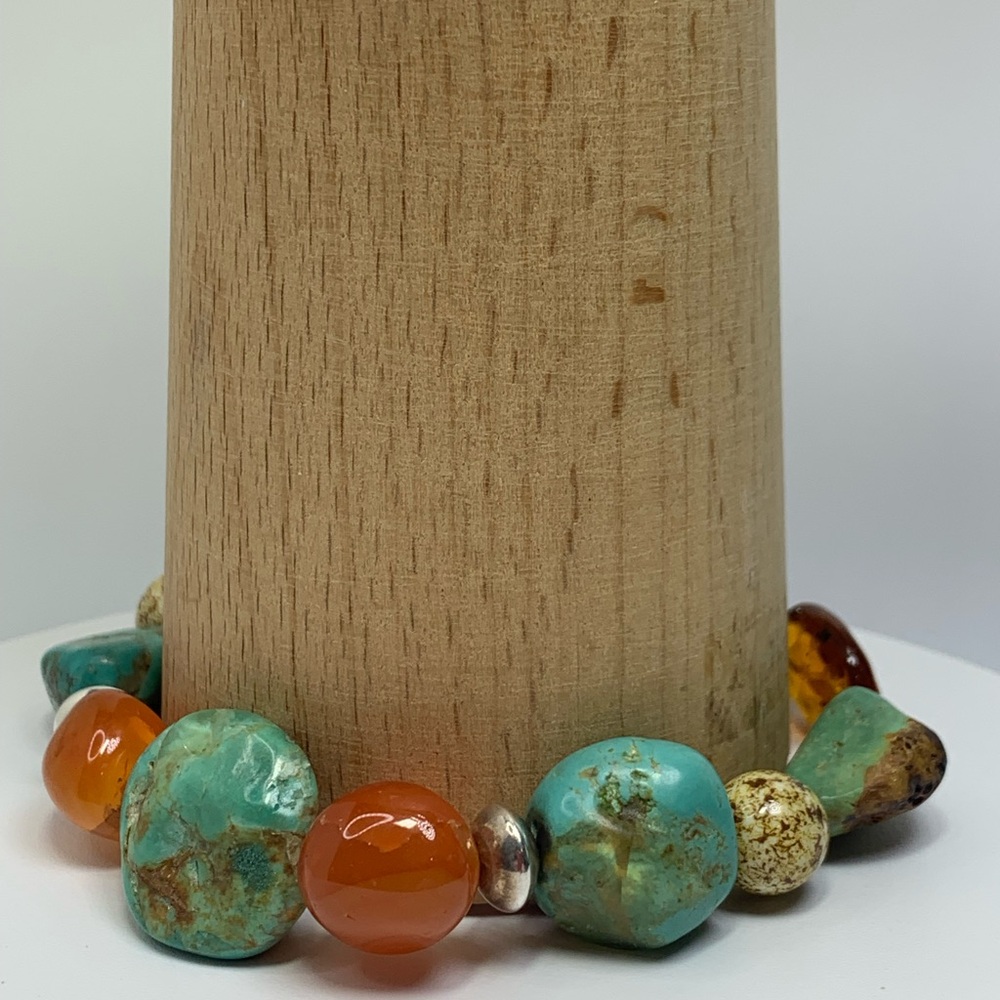 Vintage RAGE Sterling Silver, Turquoise & Carnelian Toggle Clasp Beaded Bracelet - Picture 8 of 15